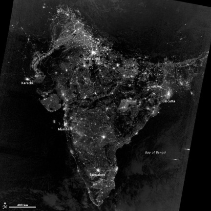 On November 12, 2012, the Visible Infrared Imaging Radiometer Suite (VIIRS) on the Suomi NPP satellite captured this nighttime view of southern Asia. The image is based on data collected by the VIIRS “day-night band,” which detects light in a range of wavelengths from green to near-infrared. The image has been brightened to make the city lights easier to distinguish.Credits: NOAA, NASA